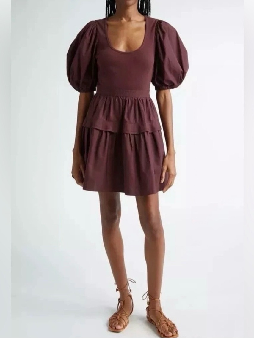 Ulla Johnson Chocolate Brown Puff-Sleeve Tiered Mini Dress